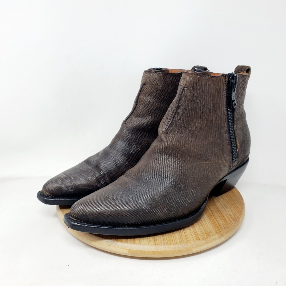Frye Sacha Moto Boots Women 8.5 Brown Leather Boho Double Zip Western Ankle Shoe - Picture 2 of 13
